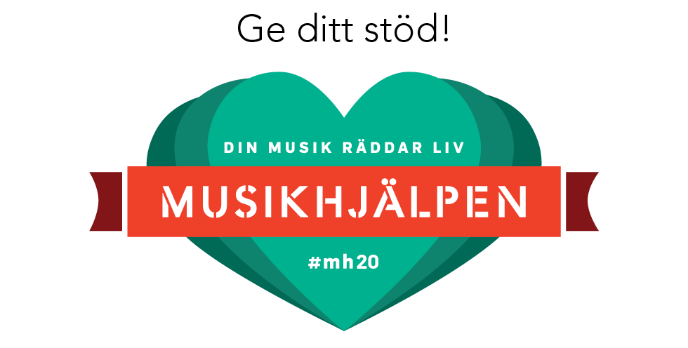 Grafik med röd banner över grönt hjärta på vit bakgrund. Text: Ge ditt stöd! Din musik räddar liv. Musikhjälpen. #mh20.