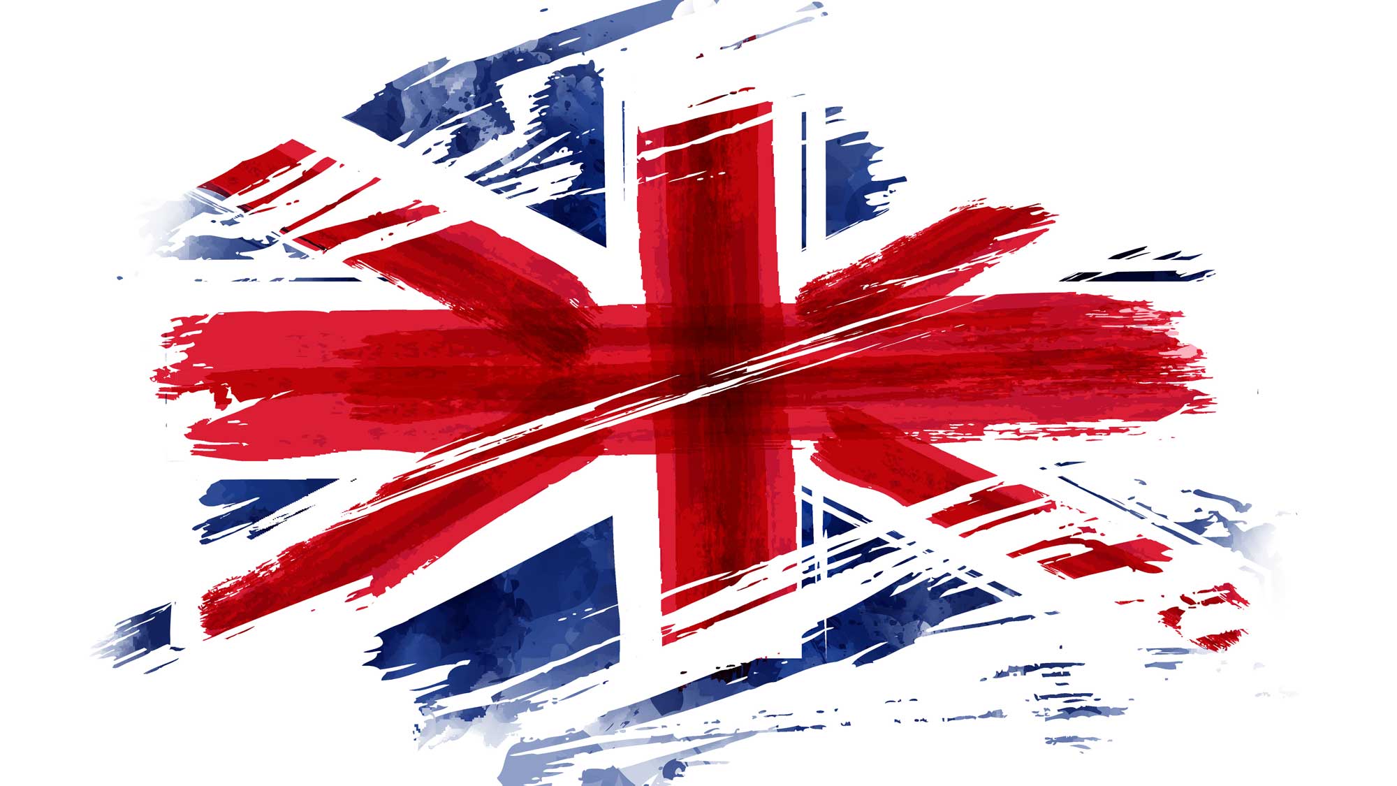 Artistisk skiss av Storbritanniens flagga mot vit bakgrund.