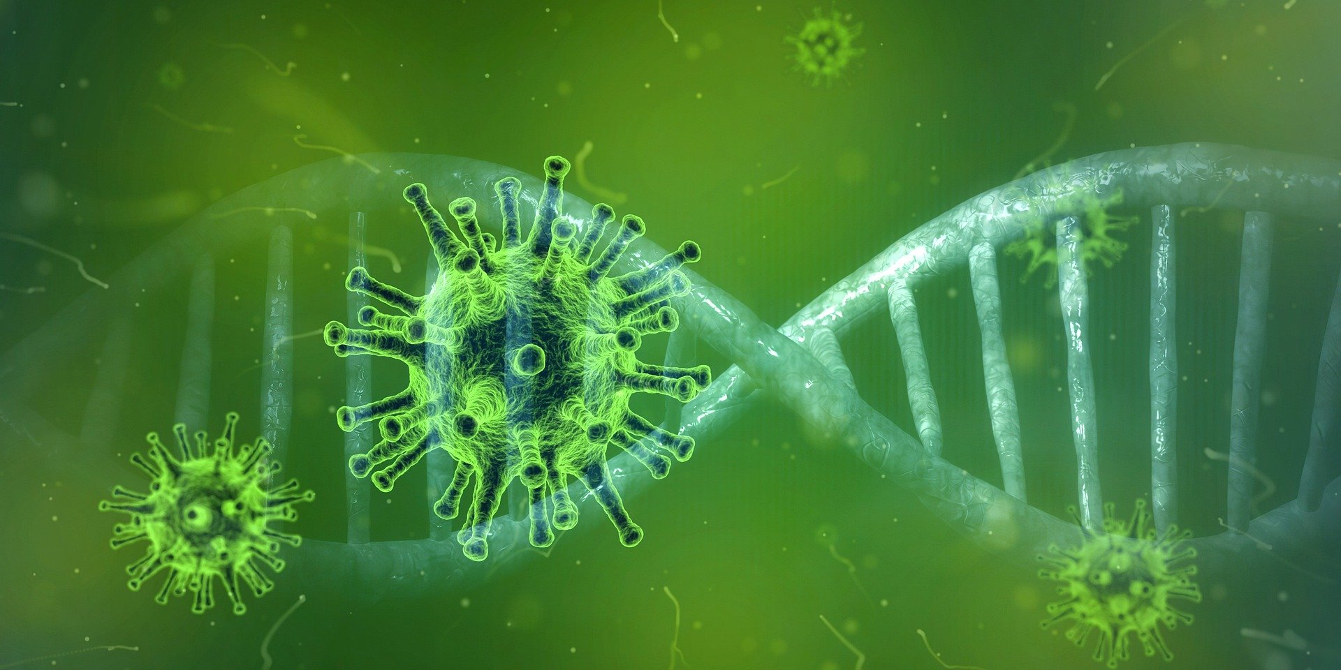 Grafisk bild föreställande garnnystanlik boll med utbuktande taggar. DNA-sekvens. Grönt filter över bilden. 