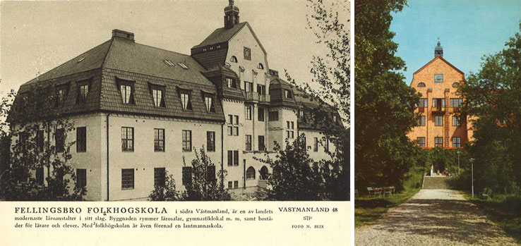 Två bilder. Ett svartvitt vykort med bild på stor trevåningsbyggnad och text: Fellingsbro folkhögskola. På den andra bilden ses lummig allé som leder upp till stor senapsgul byggnad.