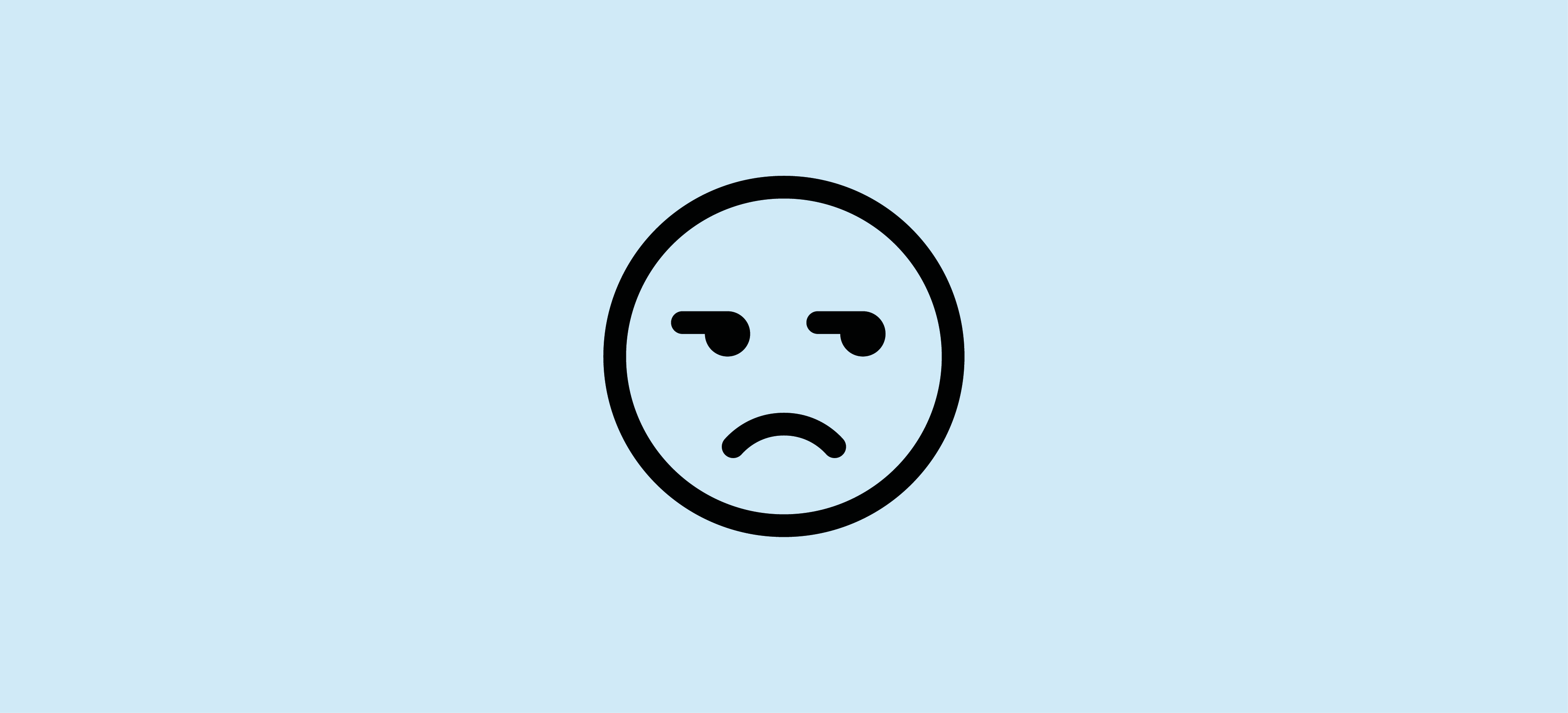 Svart grafisk ikon. Emoji med missnöjd min. Ljusblå bakgrund.