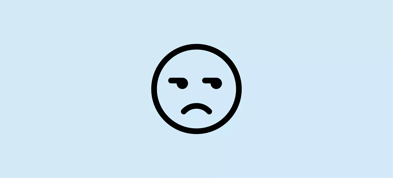 Svart grafisk ikon. Emoji med missnöjd min. Ljusblå bakgrund.